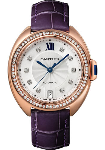 Cartier Cle de Cartier Watch - 35 mm Pink Gold Diamond Case - Diamond Bezel - Silvered Flinque Dial - Aubergine Alligator Strap