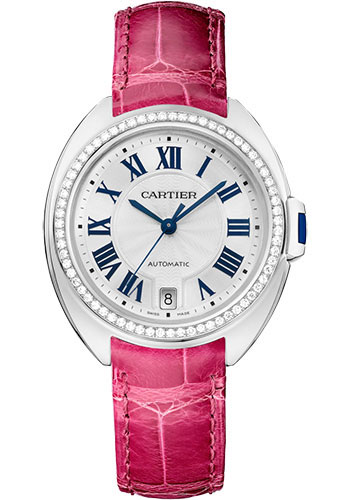 Cartier Clé de Cartier Watch - 35 mm White Gold Diamond Case - White Dial - Fuchsia Pink Alligator Strap