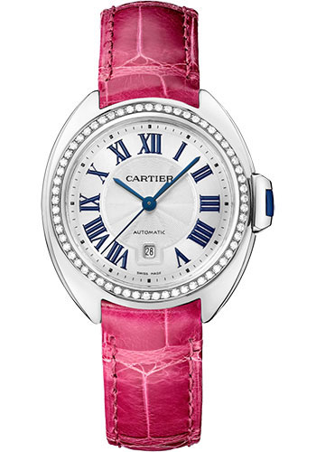 Cartier Clé de Cartier Watch - 31 mm White Gold Diamond Case - White Dial - Fuchsia Pink Alligator Strap