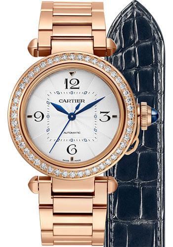 Cartier Pasha de Cartier Watch - 35 mm Pink Gold Case - Silver Dial - Bracelet - Second Navy Blue Alligator Strap