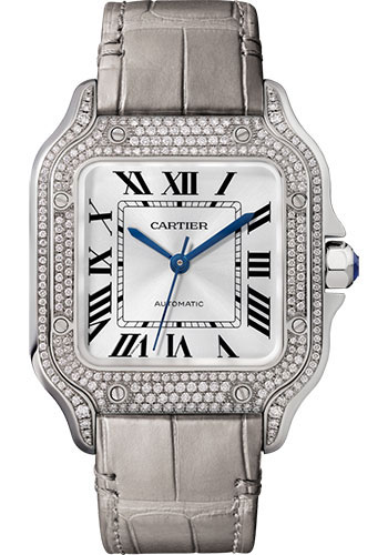 Cartier Santos de Cartier Watch - 35.1 mm White Gold Case - Diamond Bezel - Alligator Strap