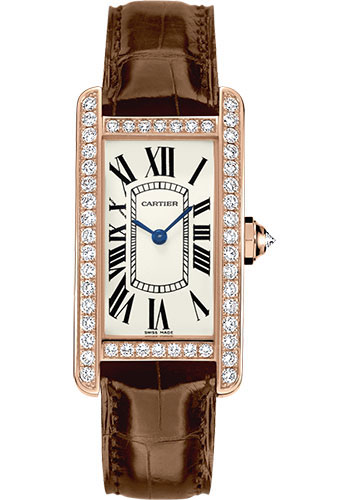 Cartier Tank Americaine Watch - 34.8 mm Pink Gold Diamond Case - Brown Alligator Strap
