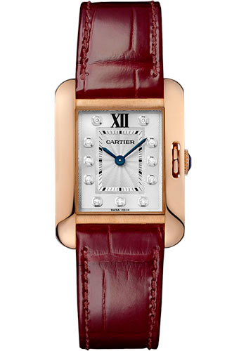 Cartier Tank Anglaise Watch - 30.2 mm Pink Gold Case - Diamond Dial - Bordeaux Alligator Strap