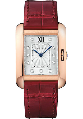 Cartier Tank Anglaise Watch - 34.7 mm Pink Gold Case - Diamond Dial - Bordeaux Alligator Strap