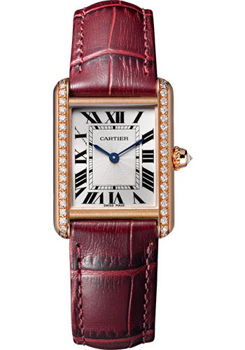 Cartier Tank Louis Cartier Watch - 29.55 mm Pink Gold Diamond Case - Burgundy Alligator Strap