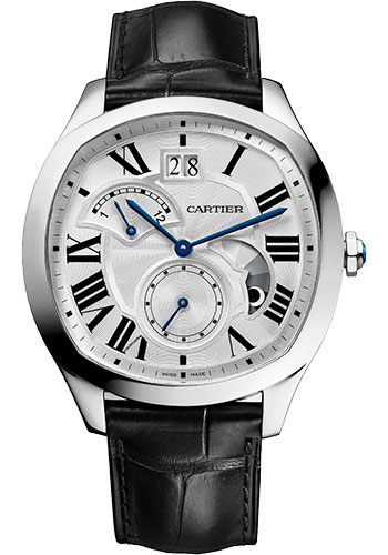 Cartier Drive de Cartier Large Date Retrograde Second Time Zone And Day Night Indicator Watch - 40 mm x 41 mm Steel Case - Silvered Dial - Black Alligator Strap