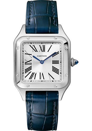 Cartier Santos-Dumont Watch - 38 mm Steel Case - Silver Dial - Navy Blue Strap