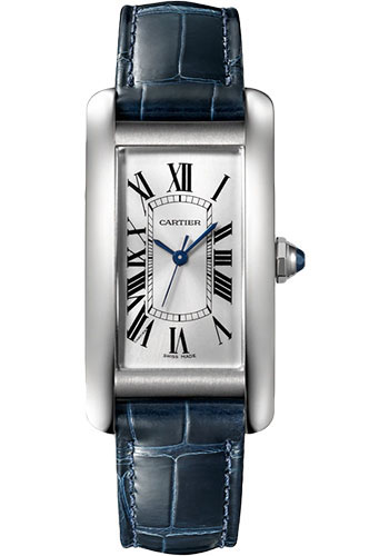 Cartier Tank Américaine Watch - 41.60 mm x 22.60 mm Steel Case - Silver Dial - Navy Blue Leather Strap