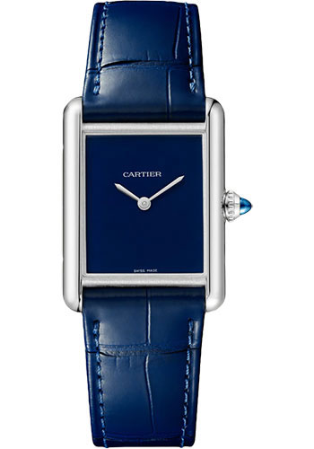 Cartier Tank Must Watch - 33.7 mm x 25.5 mm Steel Case - Blue Dial - Blue Alligator Strap