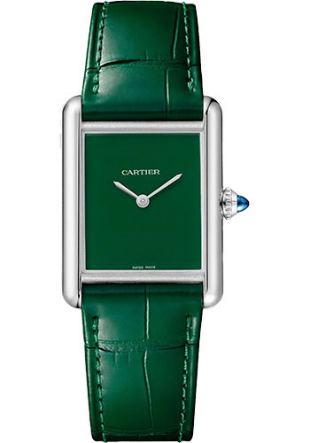 Cartier Tank Must Watch - 33.7 mm x 25.5 mm Steel Case - Green Dial - Green Alligator Strap