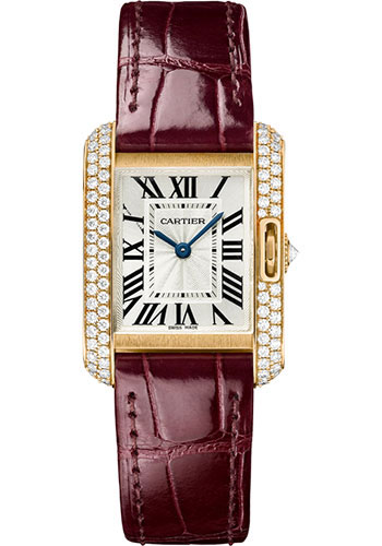 Cartier Tank Anglaise Watch - 30.2 mm Pink Gold Case - Diamond Bezel - Claret Red Alligator Strap