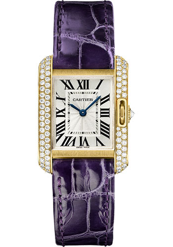 Cartier Tank Anglaise Watch - 30.2 mm Yellow Gold Diamond Case - Silvered Dial - Aubergine Alligator Strap