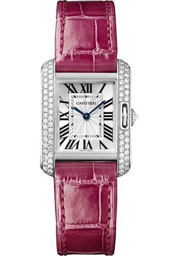 Cartier Tank Anglaise Watch - 30.2 mm White Gold Diamond Case - Silvered Dial - Fuschia Alligator Strap
