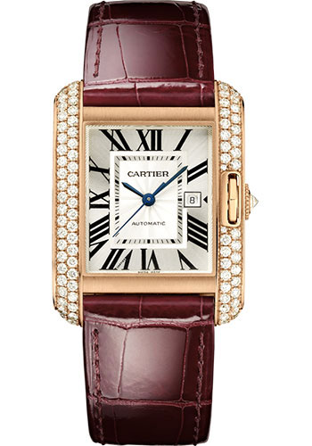 Cartier Tank Anglaise Watch - 39.2 mm Pink Gold Case - Diamond Bezel - Claret Red Alligator Strap