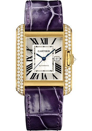 Cartier Tank Anglaise Watch - 39.2 mm Yellow Gold Diamond Case - Silvered Dial - Aubergine Alligator Strap