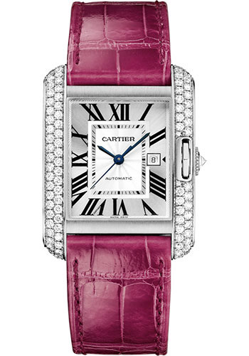 Cartier Tank Anglaise Watch - 39.2 mm White Gold Diamond Case - Silvered Dial - Fuschia Alligator Strap