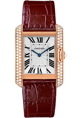 Cartier Tank Anglaise Watch - 34.7 mm Pink Gold Case - Diamond Bezel - Diamond Dial - Bordeaux Alligator Strap