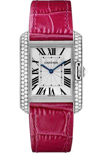 Cartier Tank Anglaise Watch - 34.7 mm White Gold Rodium Diamond Case - Silvered Flinque Dial - Fuchsia Pink Alligator Strap