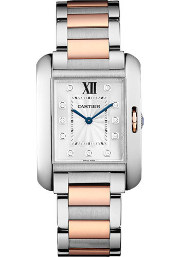 Cartier Tank Anglaise Watch - Medium Steel Case - Silvered Diamond Dial - Pink Gold And Steel Bracelet