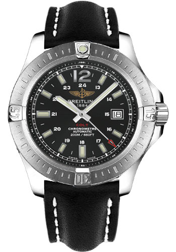 Breitling Colt Automatic Watch - 44mm Steel Case - Volcano Black Dial - Black Leather Strap