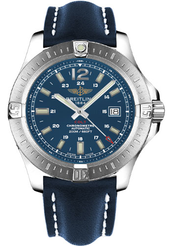 Breitling Colt Automatic Watch - 44mm Steel Case - Mariner Blue Dial - Blue Leather Strap