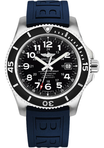Breitling Superocean II 44 Watch - Steel Case - Volcano Black Dial - Blue Diver Pro III Strap