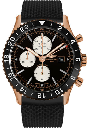 Breitling Chronoliner Watch - 46mm Red Gold Case - Black Dial - Black Aero Classic Rubber Strap