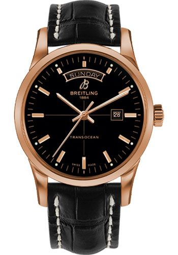 Breitling Transocean Day & Date Watch - 43mm Red Gold Case - Black Dial - Black Croco Strap