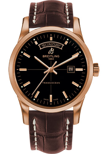 Breitling Transocean Day & Date Watch - 43mm Red Gold Case - Black Dial - Brown Croco Strap