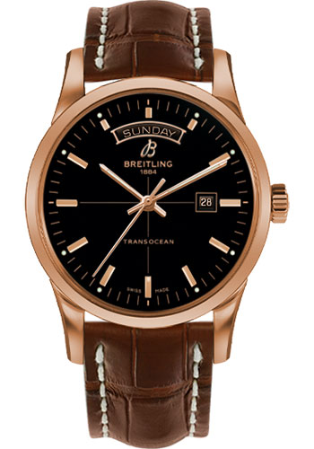 Breitling Transocean Day & Date Watch - 43mm Red Gold Case - Black Dial - Gold Croco Strap