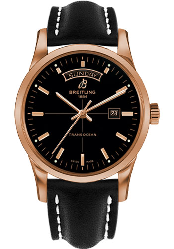 Breitling Transocean Day & Date Watch - 43mm Red Gold Case - Black Dial - Black Leather Strap