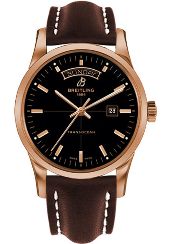 Breitling Transocean Day & Date Watch - 43mm Red Gold Case - Black Dial - Brown Leather Strap