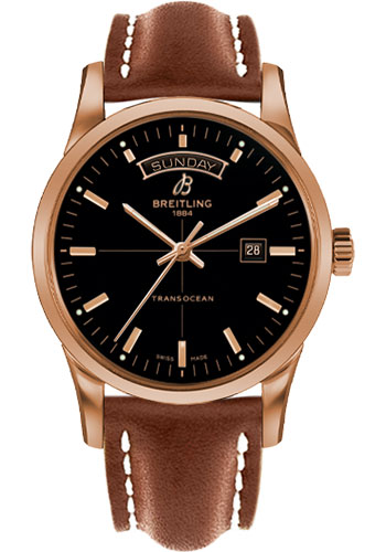 Breitling Transocean Day & Date Watch - 43mm Red Gold Case - Black Dial - Gold Leather Strap