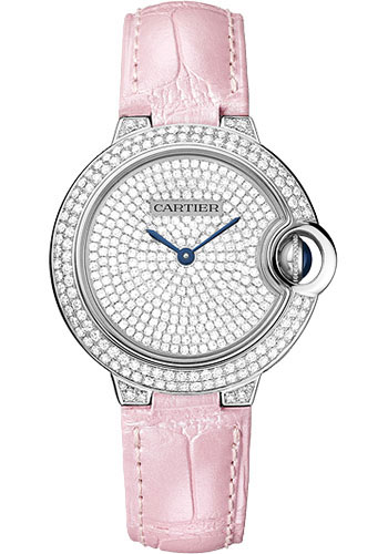 Cartier Ballon Bleu de Cartier Watch - 33 mm White Gold Diamond Case - Diamond Paved Dial - Pearly Pink Alligator Strap