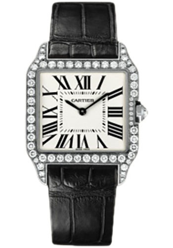 Cartier Santos-Dumont Watch - Small White Gold Diamond Case - Silver Dial - Alligator Strap