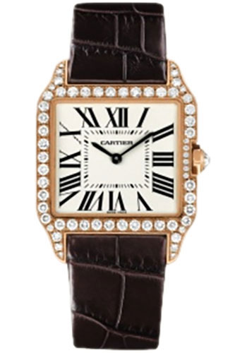 Cartier Santos-Dumont Watch - Small Pink Gold Diamond Case - Silver Dial - Alligator Strap