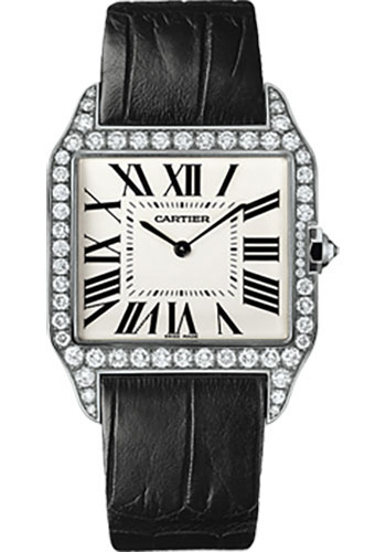 Cartier Santos Dumont Watch - Large White Gold Diamond Case - Silver Grained Dial - Alligator Strap